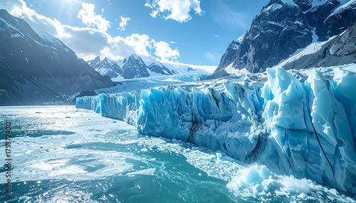 Fototapeta Naklejka Na Ścianę i Meble -  A stunning landscape with a massive glacier flowing into a turquoise lake, framed by snow-capped mountains under a clear, bright sky