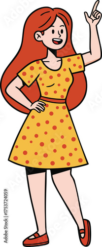 Young woman with long red hair wearing yellow dress with red polka dots pointing up vector illustration 
