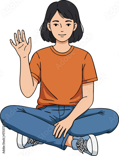 Young woman sitting cross legged waving hand casual clothing friendly gesture vector illustration 