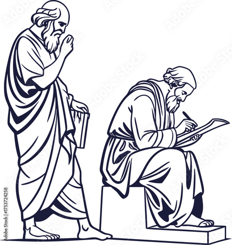 Philosophical sketch line art, vector illustration of ancient Greek philosophers like Socrates and Plato. Monochrome doodle design for history, education, or wisdom themes.