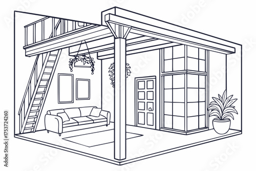 Isometric urban loft interior, vector line art illustration of a minimalist living room with a mezzanine floor and stairs. Bohemian sketch featuring a sofa, houseplants, and large windows for a modern