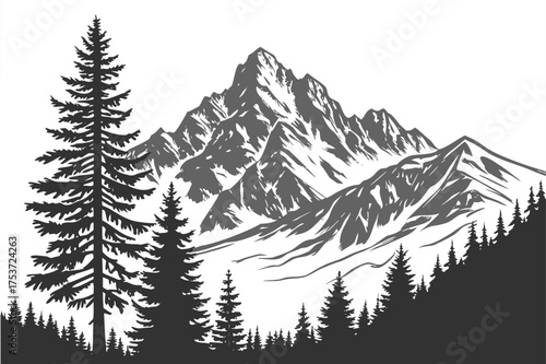 Mountain landscape, black and white engraving of a rugged peak rising above a pine forest silhouette. Vintage style monochrome drawing showing wild nature and a scenic outdoor view.