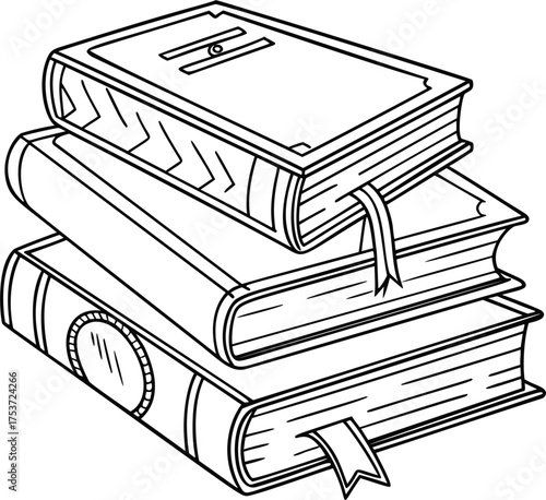 Vintage books stack, line art vector illustration of three classic volumes with detailed ornamental spines and a ribbon. Monochrome sketch perfect for knowledge, education, and reading design themes.