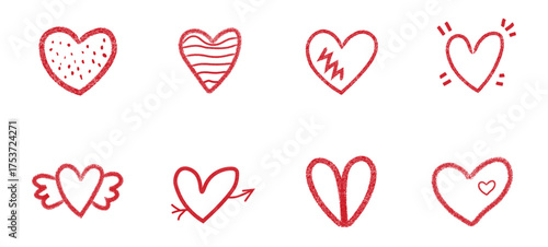 Hand Drawn Heart Doodle Icons Set - Red Valentine Love Vector