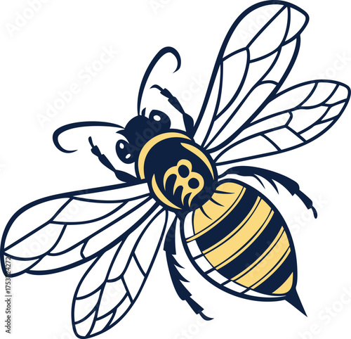 Honey bee, flying insect with transparent wings and a textured body. Natural mascot or icon representing pollination, honey, and the busy activity of a wild animal.