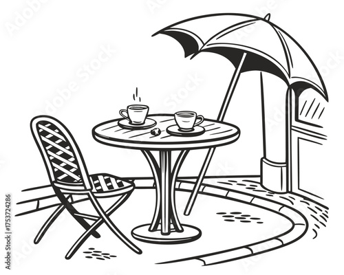 Cafe table and chair with an umbrella, a hand drawn black and white sketch of an outdoor coffee shop setting. Line art doodle of two cups of hot coffee on the small round table.