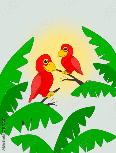 Two parrots sitting on separate branches, between palm leaves.
