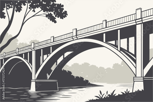 Minimalist bridge, line art illustration of a modern architectural structure spanning water. Monochrome black and white simple design, ideal for cityscape, connection, and travel graphic themes.