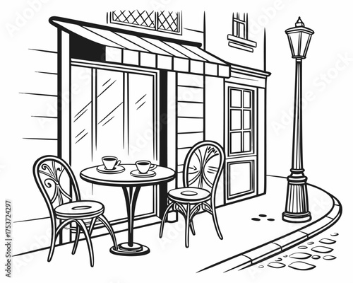 Street cafe, hand drawn sketch, black and white drawing of tables, chairs, and coffee cups in front of a city building. Handwork, stylish line outline of a summer terrace.