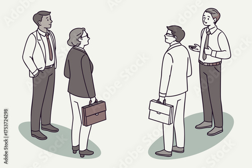 Business people meeting and negotiating, a hand drawn cartoon illustration of two teams standing face to face. Corporate workers talk and discuss a deal or a professional contract.