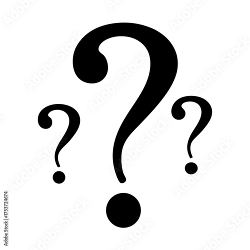 Three black question marks on a white background symbolize uncertainty and curiosity