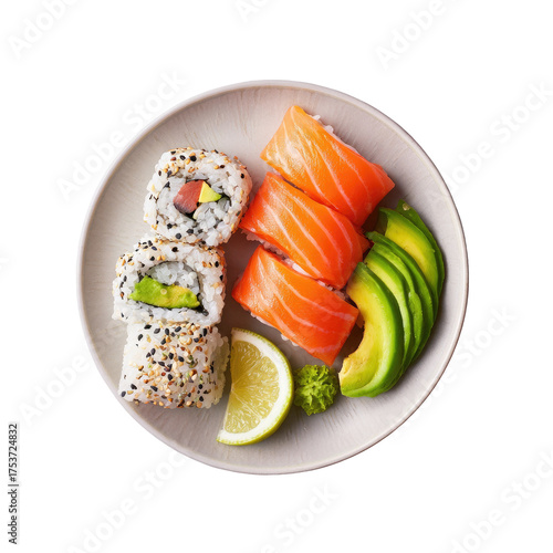 Sushi platter with two kinds of rolls, avocado, and lemon