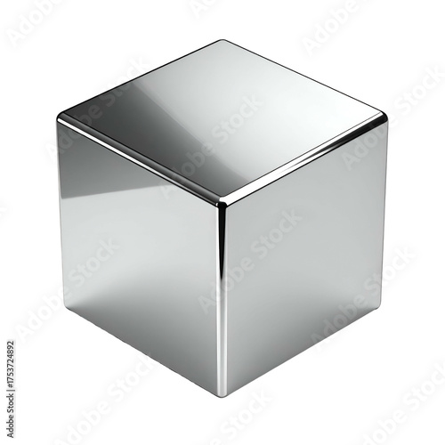 Shiny metallic cube with smooth rounded edges against black.