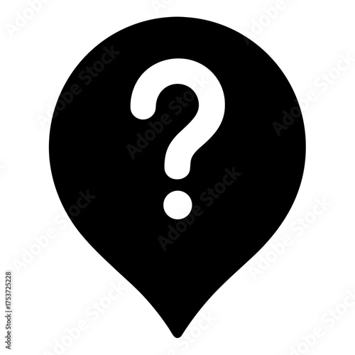 White Question Mark in a Black Map Pin Signifying Unknown Location
