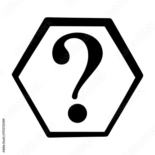 Black question mark inside a hexagon symbol on a white background