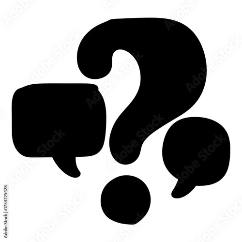 A question mark surrounded by speech bubbles, representing conversations and inquiry