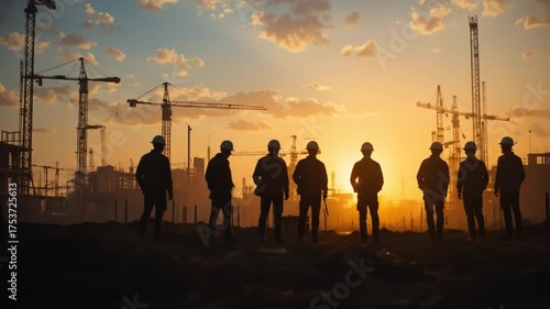 A construction site at sunrise with silhouettes of workers wearing hard hats. 4k video