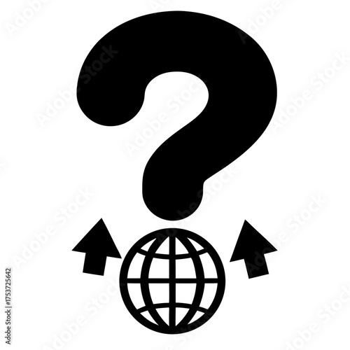 Question mark looming over world globe with arrows pointing upwards directions