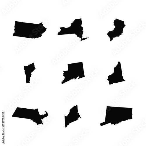 Silhouettes of individual states from the Northeastern United States are displayed against a white background. vector