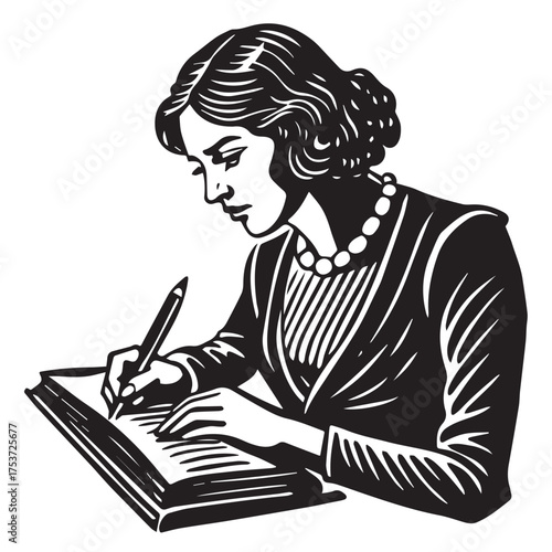 A woman writing in a book, wearing a pearl necklace and a striped blouse, capturing a moment of focus and creativity isolated on white background