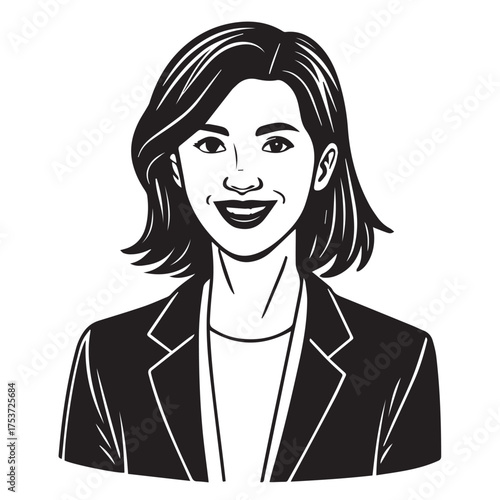 A cheerful woman with short dark hair, wearing a blazer and smiling, isolated on white background this vector illustration captures a professional and friendly demeanor in a simple, clean style