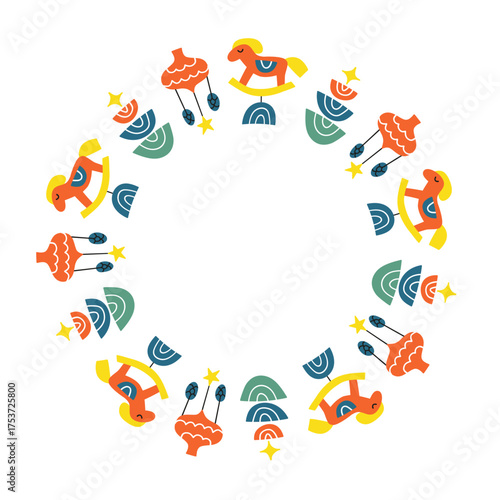 Cute Christmas wreath with horse toy, bauble and Christmas tree from rainbows isolated on white background. New year circle frame with boho icons.