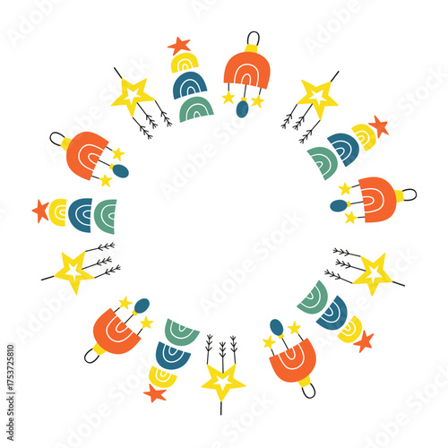 Cute Christmas wreath with star toy, Christmas tree from rainbows and rainbow toy isolated on white background. New year circle frame with boho icons.