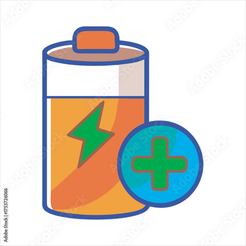 Battery icon with plus symbol isolated on a white background