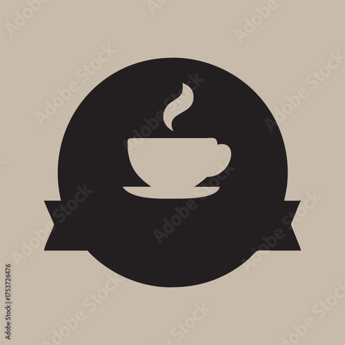 Black coffee cup emblem with ribbon isolated on white background