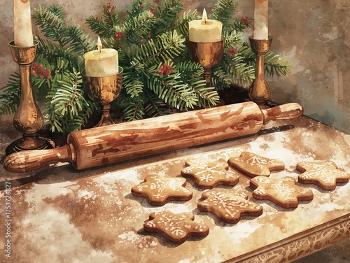 Warm Christmas baking scene with gingerbread cookies, festive pine garland, and glowing candles on a rustic wooden table, capturing the cozy holiday spirit.