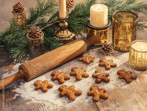 Warm gingerbread cookies laid out with festive pine branches, pinecones, and glowing candles creating a cozy holiday baking scene