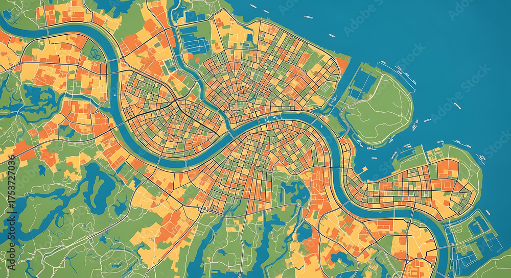 Obraz premium Abstract aerial city map with vibrant colors, illustrating urban districts, green spaces, and a winding river for modern planning and conceptual design