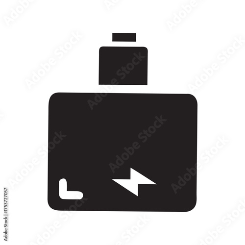 Black battery icon with power symbol isolated on white background