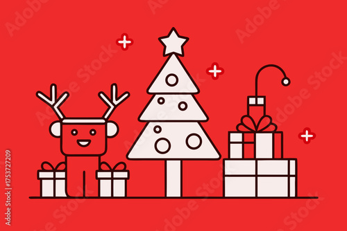 Christmas Line Art | White Line Drawing on Red Background | Minimalist Holiday Illustration