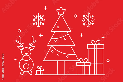 Christmas Line Art | White Line Drawing on Red Background | Minimalist Holiday Illustration