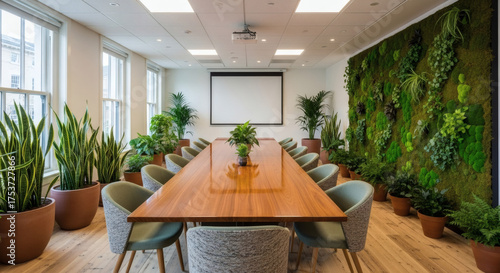 Empty meeting room with greenery and soft daylight, sustainable corporate design