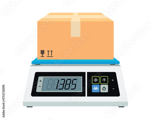 Cardboard box on electronic digital scales. Weighing package in kilograms. Industrial or kitchen scale. Vector illustration isolated on white background.