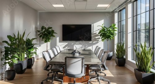 Empty meeting room with greenery and soft daylight, sustainable corporate design