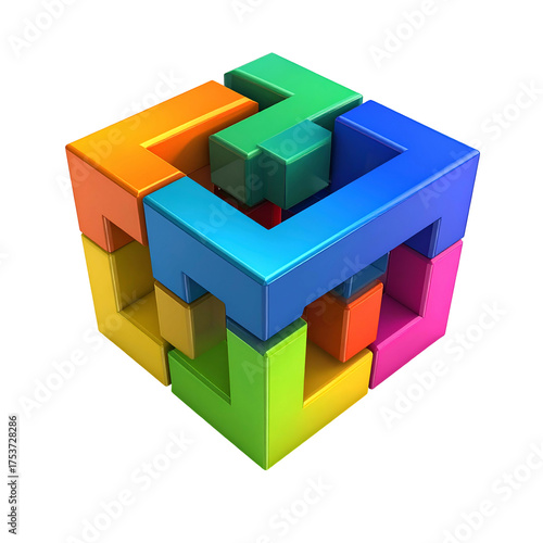 Colorful interlocking pieces form a complex geometric cube structure.