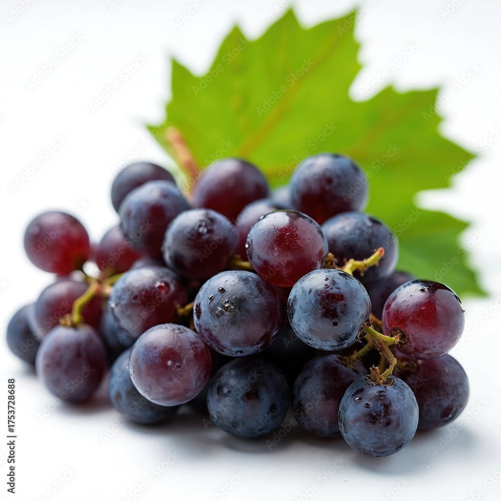 Fototapeta premium Fresh red grapes with water droplets and green leaf on white background. Juicy berries are ready for eating or making wine. Healthy food for dessert and snack.