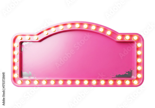Pink Neon Marquee Signboard Frame with Glowing Bulbs, a Retro-Style Border Isolated on White, Perfect for Theatrical Designs