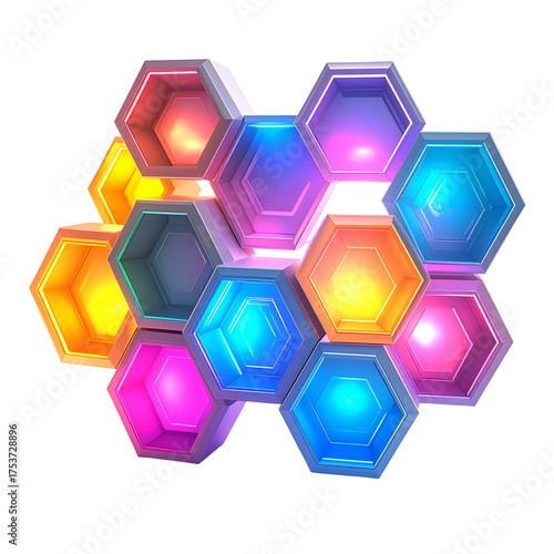 Illuminated hexagonal cells glow with vibrant colors against a dark background.