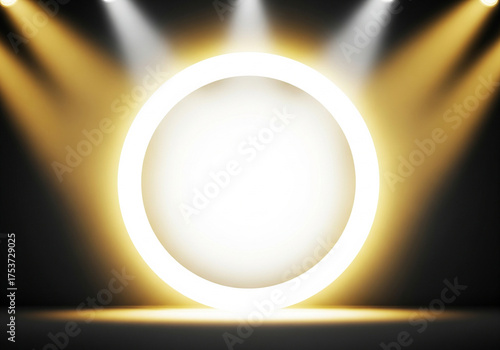 Captivating illuminated frame on a stage bathed in golden light, perfect for presentations and captivating content, framed with theater-style lamps