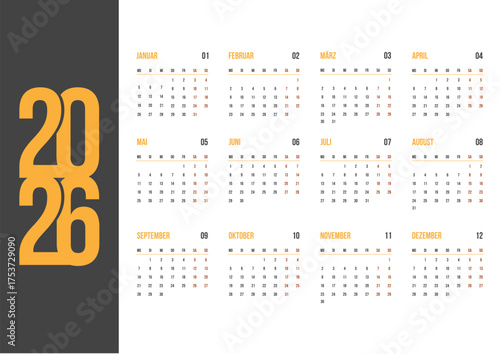2026 German Yearly Calendar Horizontal Template A4 Format Black Yellow Design. Deutsch Kalender Wall or Desk Jahresplaner