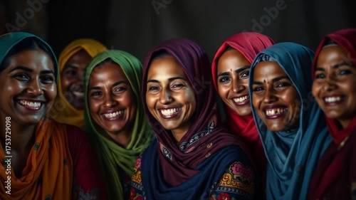 A diverse group of women smile brightly wearing colorful headscarves and traditional clothing. 4k video