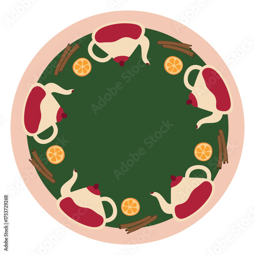 Teapot, Cinnamon sticks, Orange. Kitchen Wreath on green background. Tea party, Citrus slice and spices. Glass kettle, tea utensils. Cozy home round frame, ornament. Flat design. Vector illustration