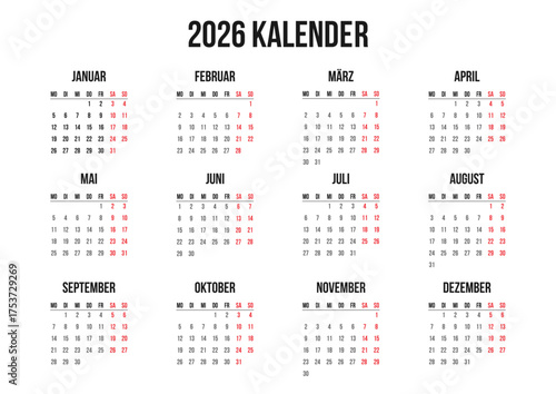 Classic German 2026 yearly calendar horizontal page A4 template minimal design. Layout Deutsch Kalender Wall or Desk Jahresplaner