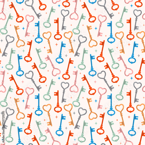 Seamless pattern with colorful vintage keys and heart shapes on light background. Cute romantic design for wrapping paper, fabric, Valentine’s Day, and decorative projects.