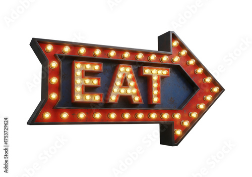 Vintage red and blue marquee arrow sign with illuminated light bulbs spelling the word EAT, isolated on a clean white background
