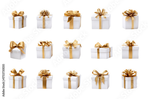 Twelve white gift boxes, adorned with gold ribbons and bows